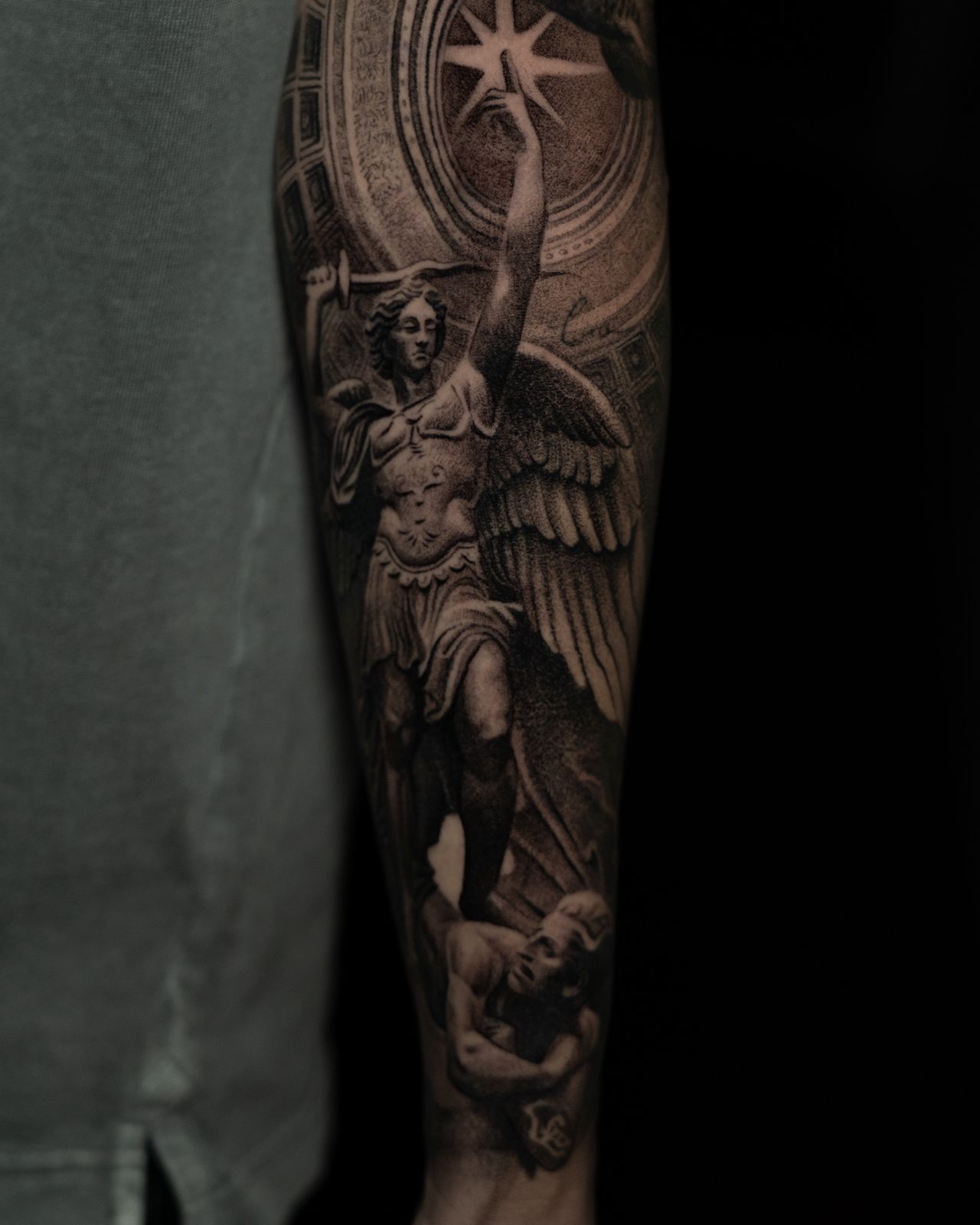 Завършена black and grey realism татуировка - ангел