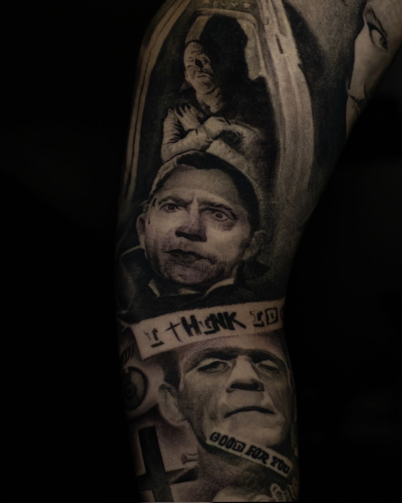 Завършена black and grey realism татуировка - horror sleeve